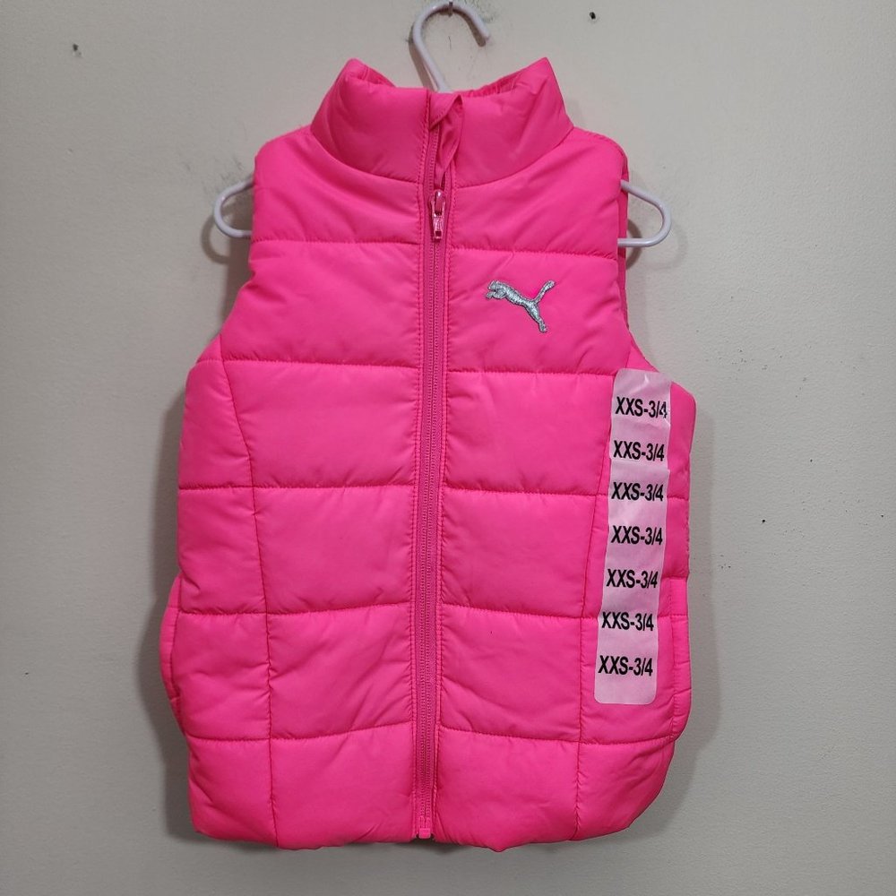 Puma NWT neon pink puffer full zip‎ front vest girls size XXS 3/4